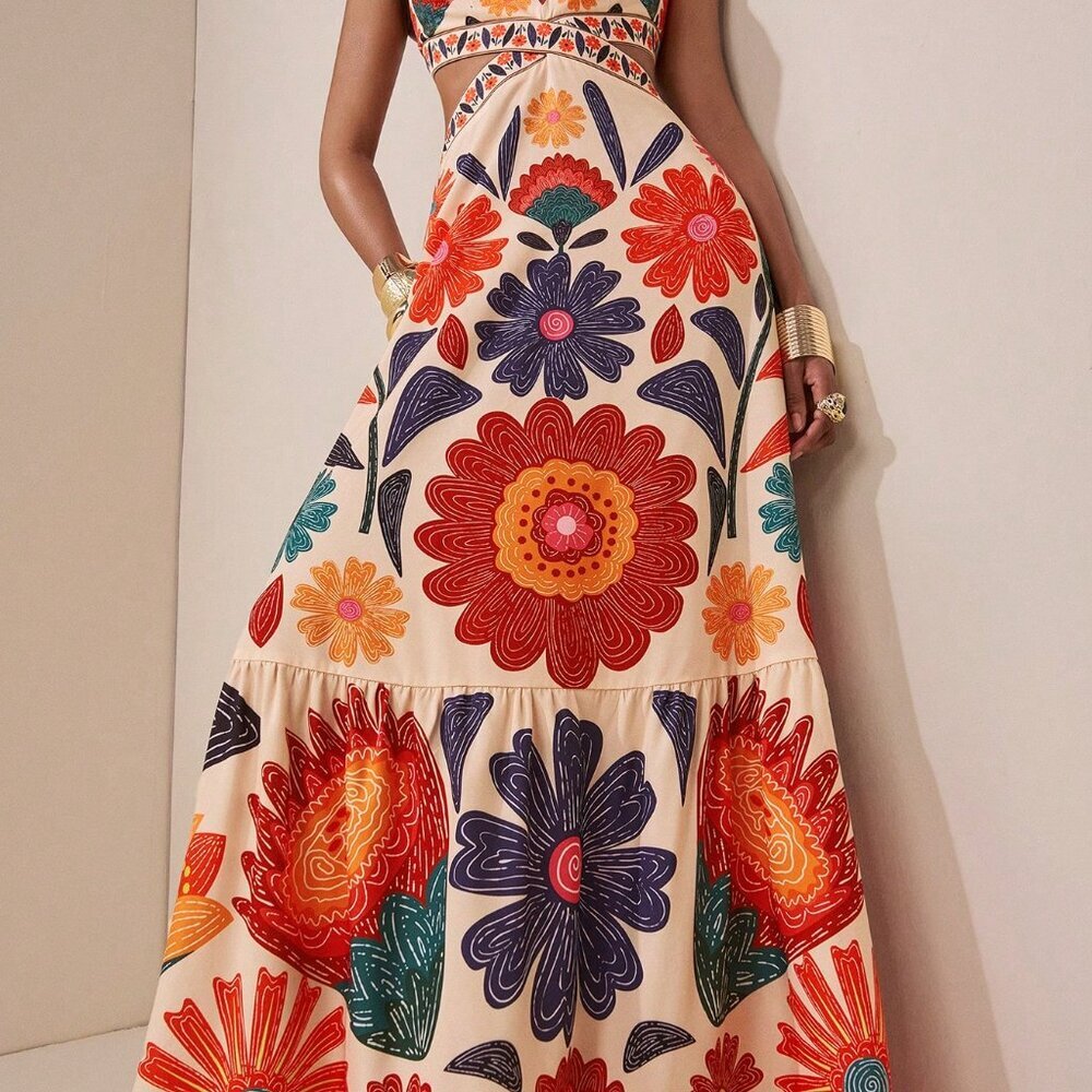 Multicolor Boho Women's Wave Sun Dress - Picture 3 of 7